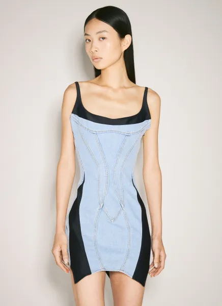 Bi-Material Spiral Denim Dress