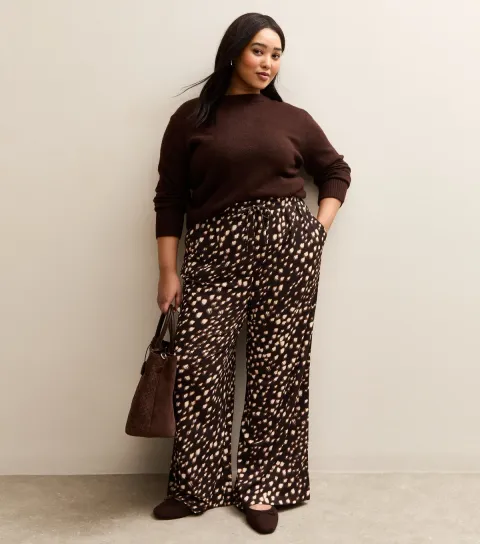 Women's Plus Size Brown Patterned Wide Leg Trousers Curves