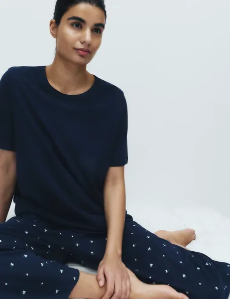 Marks & Spencer Cotton Rich Printed Cropped Pyjama Set Navy Mix