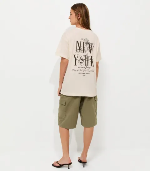 Women's Off White Cotton New York Logo Oversized T-Shirt