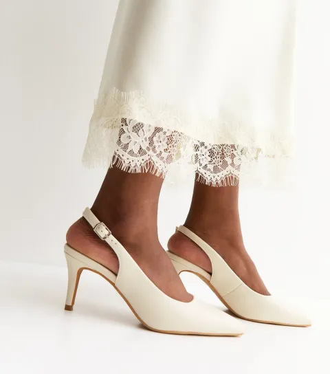 Women's Off White Faux Leather Slingback Stiletto Court Shoes Vegan