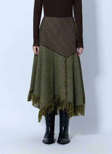 GANNI Woollen Check Patchwork Long Skirt
