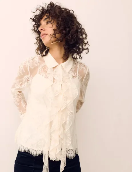 Per Una Lace Collared Ruffle Shirt Ecru