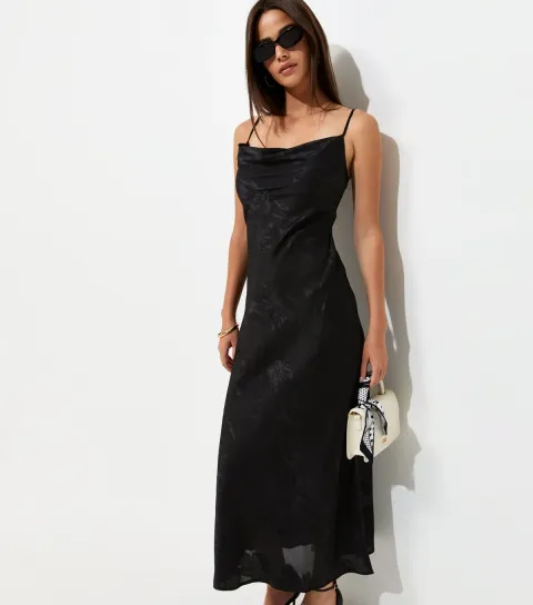 New Look Women's Black Floral Jacquard Cowl Neck Strappy Midi Dress