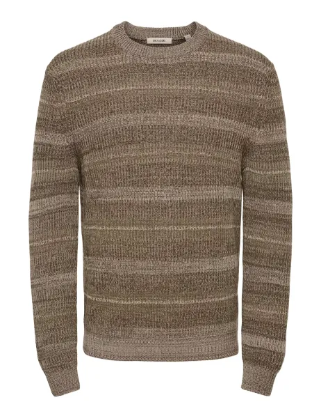 Only & Sons Striped Cotton Crew Neck Jumper Taupe