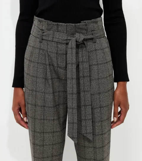 Women's Brown Herringbone Check Pattern Paperbag Waist Trousers