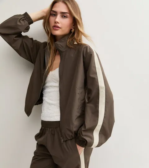 New Look Women's Brown and Cream Stripe High Neck Zip Up Jacket