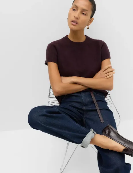 Marks & Spencer Crew Neck Short Knitted Top With Wool Dark Aubergine