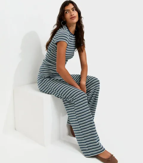 Women's Blue Cotton Rich Stripe Pattern Wide Leg Drawstring Trousers