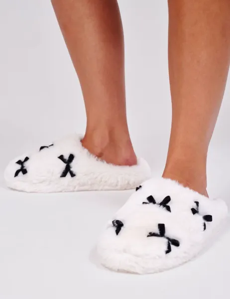 Monochrome Faux Fur Bow Mule Slippers