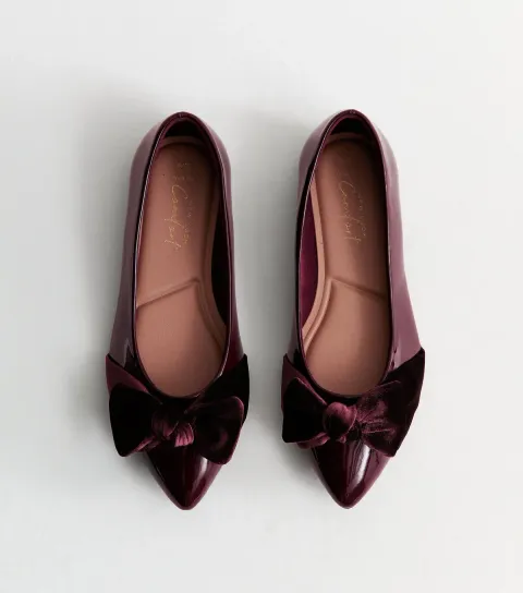 Women's Wide Fit Dark Burgundy Patent Faux Leather Velvet Bow Ballet Flats Vegan