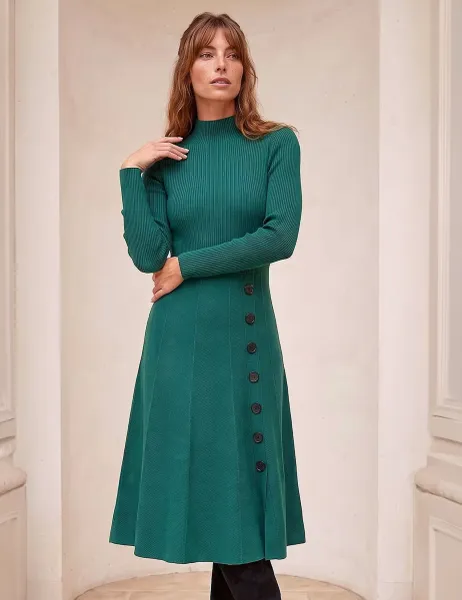 Roman Knitted High Neck Button Detail Knee Length Swing Dress Green