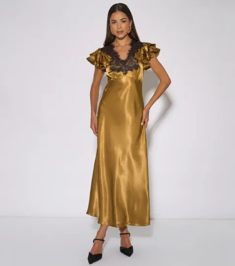 Gini London Women's Gold Satin Lace Trim Maxi Dress