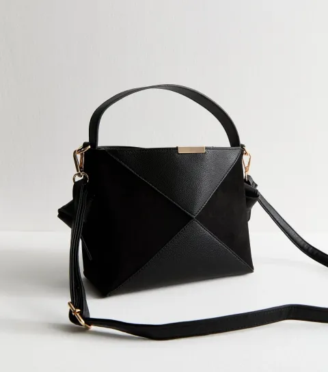 New Look Black Panelled Faux Leather and Suede Boxy Bucket Bag Vegan