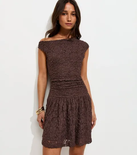 Women's Dark Brown Lace Off The Shoulder Rara Mini Dress