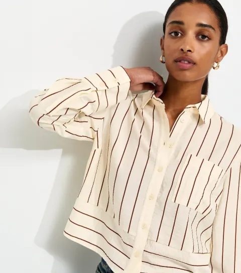 Women's Cream Crinkle Texture Striped Meet The Jean Shirt