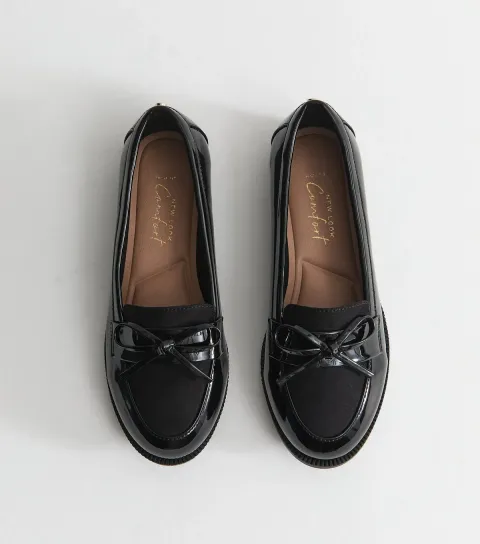 Women's Wide Fit Black Patent Faux Leather Bow Loafers Vegan