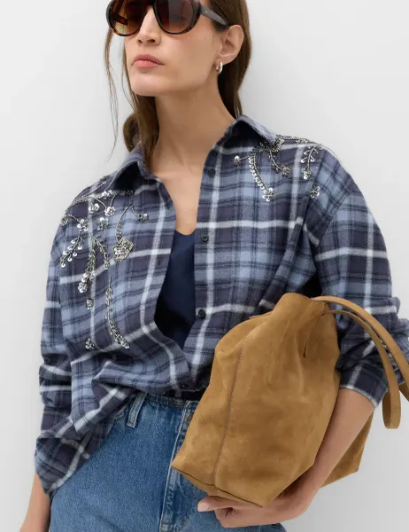 Marks & Spencer Pure Cotton Embellished Checked Shirt Navy Mix