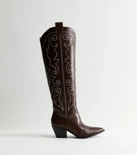 New Look Women's Dark Brown Western Faux Leather Knee High Boots Vegan