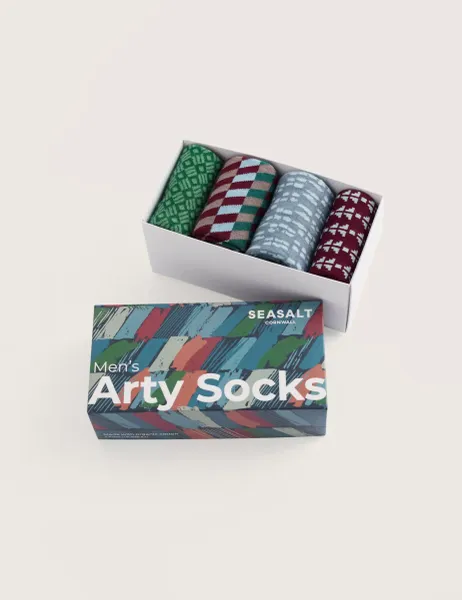 Seasalt Cornwall 4 Pack Geometric Cotton Rich Socks Gift Box Green Mix