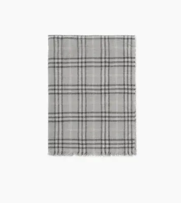 Wide Embellished Check Wool Silk Blend Scarf in Mitten grey