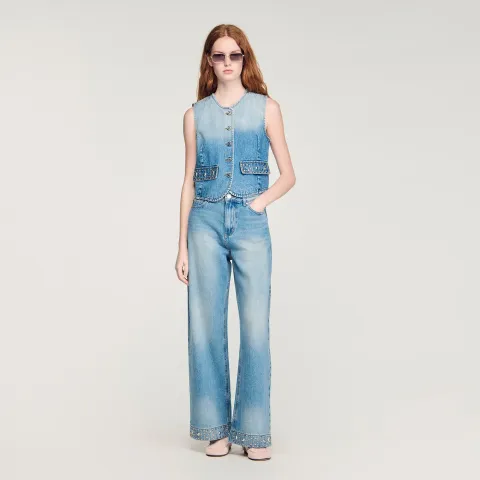 Straight rhinestone cotton jeans