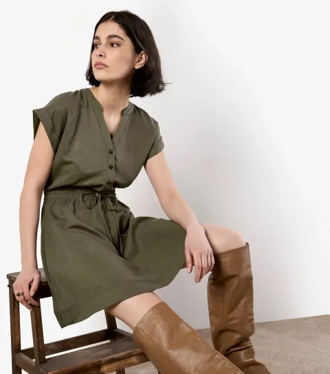 Women's Khaki Drawstring Waist Mini Dress
