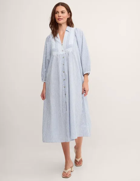 Monsoon Pure Cotton Striped Midi Smock Dress Blue Mix