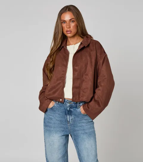 Women's Brown Faux Suede Bubble Hem Collar Jacket