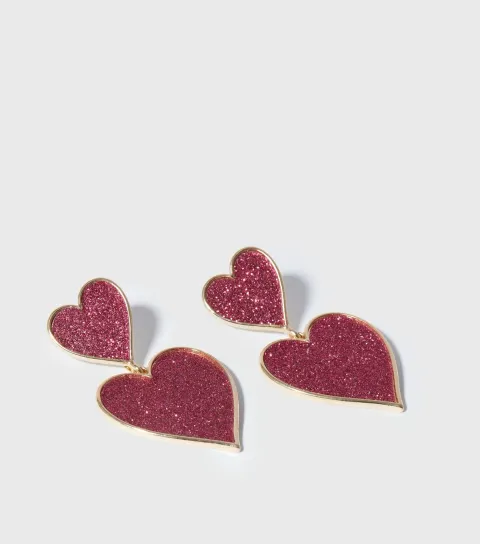Pink Glitter Heart Drop Earrings