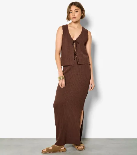 Women's Dark Brown Tie Front Pointelle Top