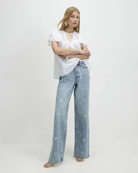 River Island Relaxed Straight Daisy Floral Jeans