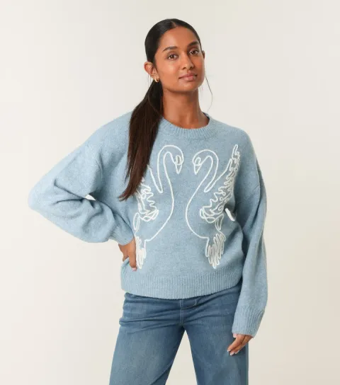 Women's Blue Swan Embroidered Jumper
