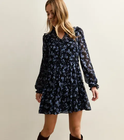 Women's Navy Floral Chiffon Ruffle Mini Dress