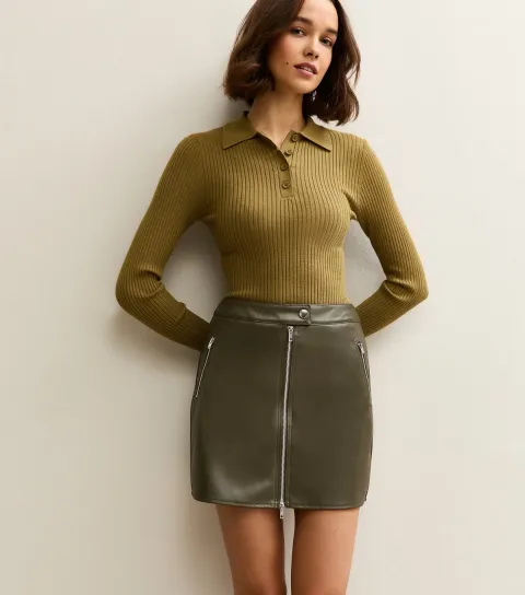 Women's Light Khaki Faux Leather Zip Detail Mini Skirt