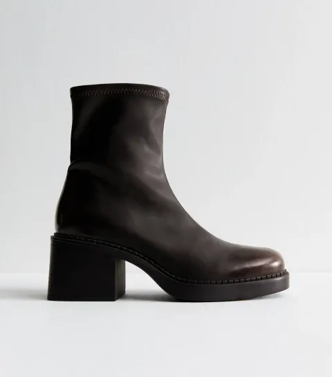 Women's Brown Chunky Block Heel Ankle Boots Vegan