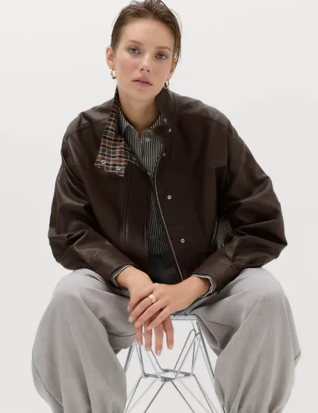 Marks & Spencer Faux Leather Checked Funnel Neck Bomber Jacket Chocolate