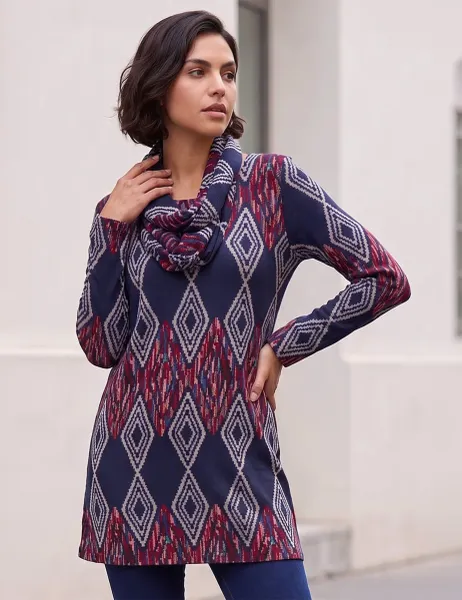 Roman Printed Detachable Scarf Tunic Mid Blue