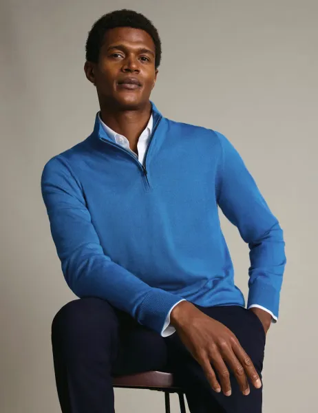 Pure Extra Fine Merino Wool Half Zip Jumper Blue