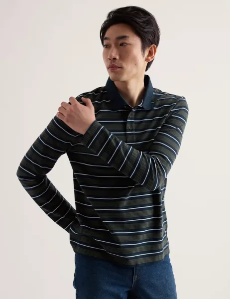 Seasalt Cornwall Pure Cotton Striped Long Sleeve Polo Shirt