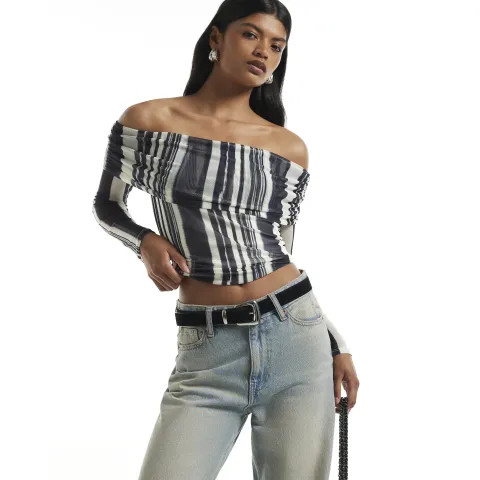 River Island Mesh Stripe Bardot Long Sleeve Top