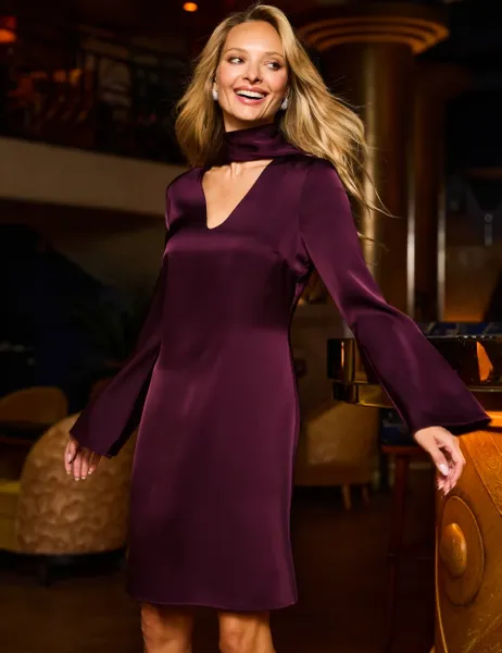 Satin Tie Neck Mini A-Line Shift Dress Plum