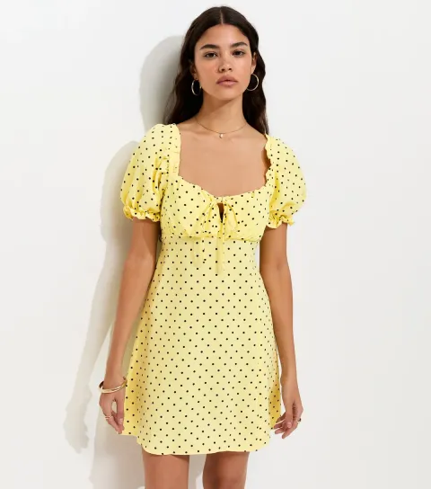 Women's Yellow Spot Print Milkmaid Mini Dress
