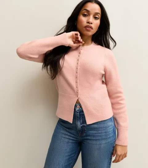 Women's Petite Pink Dome Button Crew Neck Cardigan