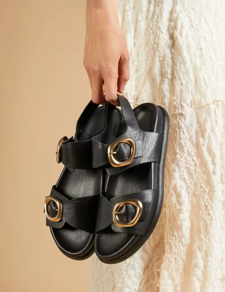 Jones Bootmaker Leather Buckle Ankle Strap Platform Sandals Black