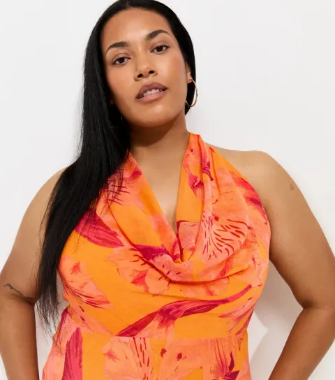 Women's Plus Size Bright Orange Floral Halter Maxi Dress Curves