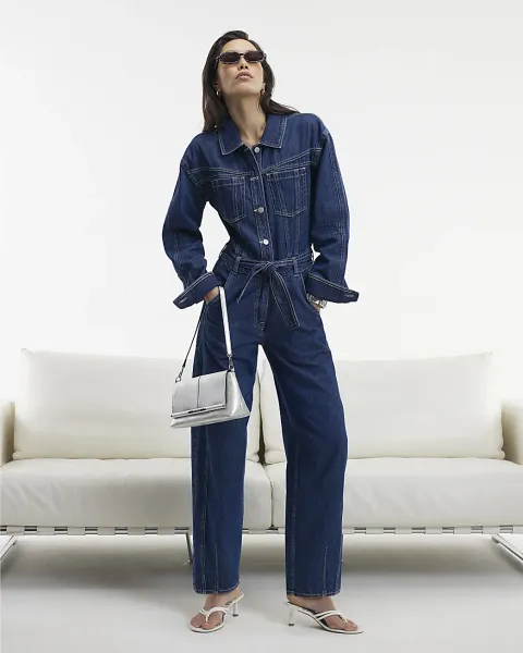 River Island Premium Belted Barrel Leg Denim Jumpsuit