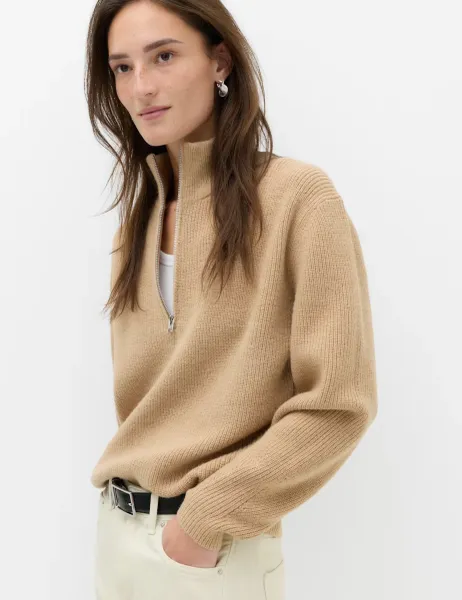 Marks & Spencer Wool Blend Textured Funnel Neck Half Zip Jumper Camel