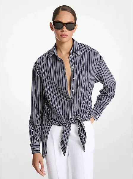 Michael Kors Striped Crepe De Chine Tie-Front Shirt