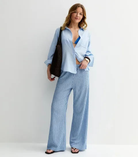 Women's Blue Thin Stripe Crinkle Texture Wide Leg Trousers
